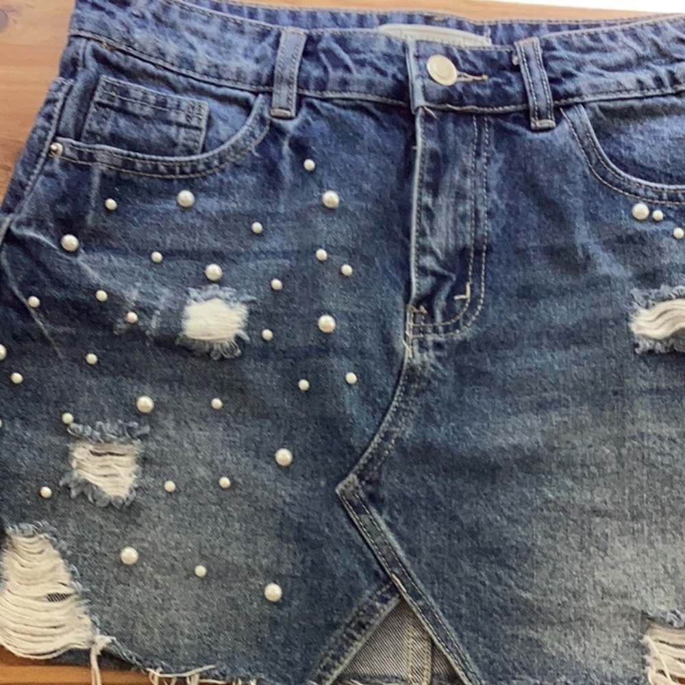Angel Kiss Blue Denim Mini Skirt with Pearl Accents